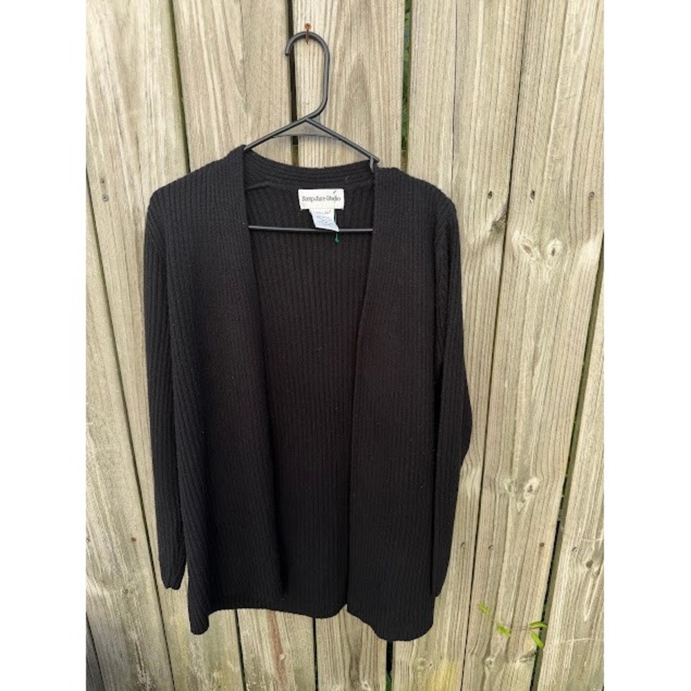 Minimalist Dark Academia Hampshire Studio Cardigan M Black Ribbed Open Front